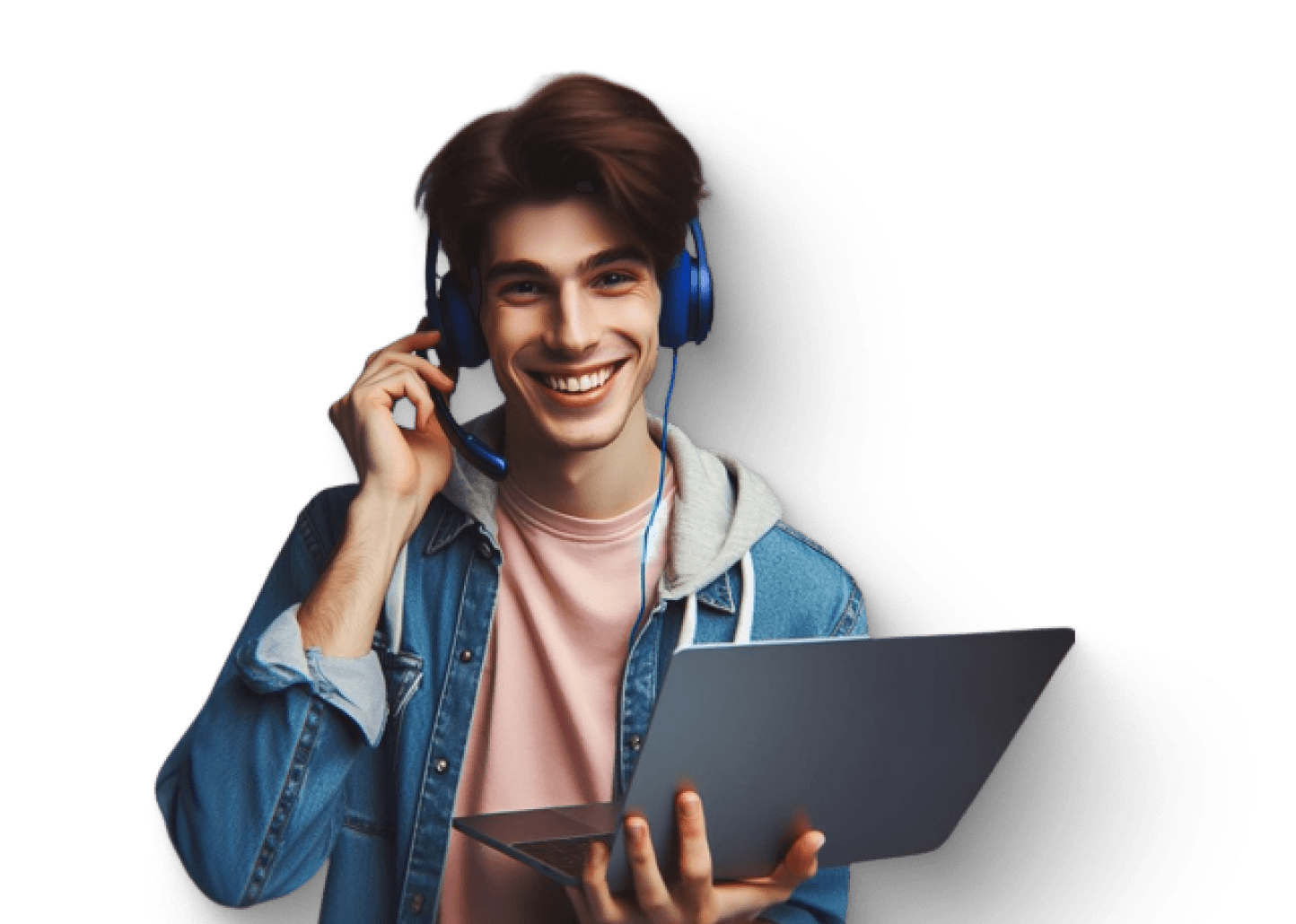 Smiling student wearing headphones and holding a laptop